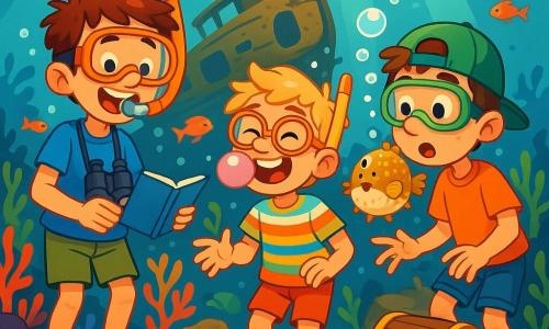Trois personnages sont présents : Hugo, un garçon de 10 ans avec des cheveux bruns en bataille, un t-shirt bleu et un short kaki, tenant des jumelles et un carnet, souriant curieusement ; Tom, un garçon de 9 ans avec des cheveux blonds et des lunettes rondes, en t-shirt rayé coloré et short rouge, faisant une bulle avec un chewing-gum ; et Lucas, un garçon de 10 ans avec des cheveux châtains et une casquette verte, portant un t-shirt orange et des sandales, émerveillé par un poisson-globe. Les amis explorent une épave de bateau rouillée sous l'eau, entourée de coraux et de poissons multicolores, avec des rayons de soleil illuminant la scène. Ils découvrent des coquillages et un coffre mystérieux, tandis qu'un crabe les observe.
