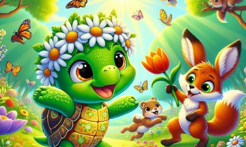 Une tortue nommée Tilly, avec une carapace verte et des motifs jaunes, sourit en portant une couronne de marguerites. Elle danse dans une clairière ensoleillée, entourée de fleurs colorées. À ses côtés, un renard aux poils roux agite une branche décorée de fleurs, tandis qu'un lapin aux grandes oreilles blanches saute joyeusement en tenant une tulipe. La scène se déroule dans une forêt verdoyante, baignée de lumière dorée, avec des arbres majestueux et des oiseaux chantants. Tilly et ses amis célèbrent le printemps lors d'une fête, dansant et riant ensemble, entourés de la beauté de la nature.