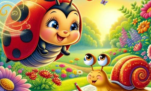 Lila, une coccinelle au dos rouge vif parsemé de taches dorées, vole joyeusement au-dessus d'un jardin coloré, ses antennes frémissant de curiosité. À ses côtés, Samuel, un escargot à la coquille spirale brillante, dessine des cartes sur le sol avec une brindille, observant Lila avec bienveillance. Le jardin est un tableau vivant de fleurs éclatantes, de papillons et d'arbres majestueux, baigné par la lumière du soleil couchant. Lila s'envole pour explorer le monde, tandis que Samuel lui prodigue des conseils sur les merveilles à découvrir.