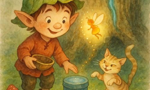 Pipo, un petit lutin garçon au visage rond et souriant, chapeau en feuille vert et chaussures en feuilles brunes, penché et émerveillé, une main sur une petite boîte bleue ronde et l'autre tenant un bol en écorce ; Peluche le chat crème tigré fait un pas de danse comique en regardant la boîte ; Mina la luciole, minuscule fée-lucioles en robe de lumière jaune-ambre, vole en cercles en laissant des points lumineux ; le groupe est au pied d’un vieux chêne à écorce texturée et fente turquoise lumineuse, sur un tapis de mousse avec fleurs colorées, cailloux ronds et champignons rouges à pois blancs, une grotte sombre en arrière‑plan ; la boîte vibre légèrement, tout le monde écoute en silence, la scène capture un moment de découverte doux et magique, éclairée de lumières chaudes aux textures aquarelle.