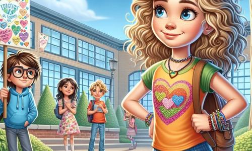 Au premier plan, Emma, une fille de 10 ans aux grands yeux brillants et aux cheveux blonds bouclés, exprime détermination et bienveillance. Elle porte un t-shirt coloré avec un cœur et tient une affiche disant « Sois un ami, pas un ennemi ! ». À ses côtés, sa meilleure amie Lila, également âgée de 10 ans avec des cheveux bruns en couettes, sourit et l'encourage, portant une robe à fleurs et une autre affiche. Un peu en retrait, Théo, un garçon de 10 ans aux cheveux châtains et lunettes, admire Emma et Lila, son visage souriant. La scène se déroule dans la cour de l'école, entourée d'arbres et d'un ciel bleu, avec des camarades écoutant et jouant, créant une atmosphère de camaraderie. Emma et Lila présentent leurs affiches sur le harcèlement, tandis que Théo, touché, se sent accepté.