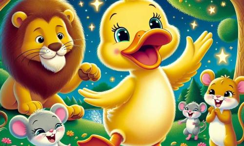 Ducky, un canard joyeux au plumage jaune et au bec orange, danse au centre de la clairière, souriant et entouré de rires. À sa droite, Léon le lion applaudit, et à sa gauche, Mimi la souris, espiègle avec son pelage gris, fait des pirouettes. La clairière est éclairée par la lune, entourée d'arbres aux feuilles vertes et de fleurs colorées. Un vieux chêne majestueux se dresse en arrière-plan. Ducky fait rire ses amis en racontant une blague tout en jonglant avec des graines, créant une ambiance festive.