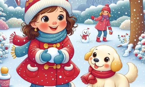 Une petite fille de 3 ans, Louise, joue dans la neige. Elle porte un manteau rouge, un bonnet bleu, des gants et des bottes jaunes. Elle sourit en formant une boule de neige. À côté d'elle, son chien Patou, un golden retriever, court en laissant des traces de pattes. Sa maman, une femme d'une trentaine d'années, l'observe avec un sourire, tenant une tasse de chocolat chaud. Le jardin est couvert de neige sous un ciel gris clair, avec des arbres dénudés. Louise, pleine d'énergie et de bonheur, crée des souvenirs d'une journée d'hiver magique.
