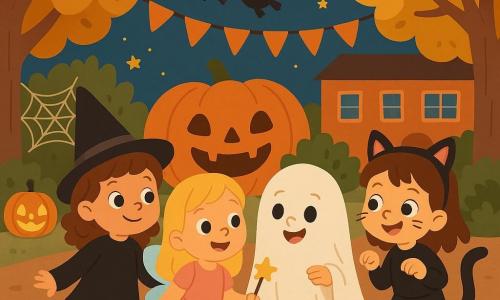 Quatre filles de cinq ans se tiennent ensemble dans une cour d'école décorée pour Halloween. Léa, en costume de sorcière noir, Clara, déguisée en fée, Emma, un fantôme sympathique, et Zoé, en chat noir, s'amusent. La cour est illuminée par des lanternes en forme de citrouilles et ornée de toiles d'araignées. Elles sont en pleine chasse aux bonbons, riant et courant, tandis qu'une chauve-souris avec un chapeau de sorcier les survole, prête à les aider à trouver un trésor caché de bonbons.
