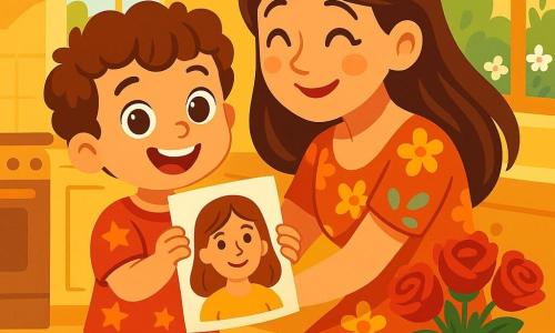 Léo, un petit garçon de 4 ans aux cheveux châtains et bouclés, se tient au centre de l'image, tenant un dessin coloré de sa maman. Il porte un t-shirt rouge avec des étoiles et un short bleu, souriant largement. À côté de lui, sa maman, une femme d'environ 30 ans avec des cheveux longs et bruns, vêtue d'une robe florale, l'enlace avec émotion. La scène se déroule dans une cuisine lumineuse aux murs jaunes, avec des fenêtres ouvertes laissant entrer le parfum des fleurs. Sur la table, un bouquet de roses rouges ajoute de la couleur à l'ambiance joyeuse. Léo présente son dessin à sa maman, créant un moment tendre pour la fête des mères.