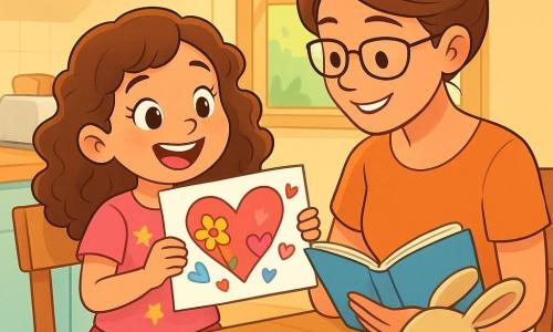 Une petite fille de 6 ans, avec de longs cheveux bouclés et des yeux pétillants, est assise à une table en bois, entourée de crayons colorés et de papiers brillants. Elle porte un t-shirt rose et une jupe à pois, son visage rayonne d'excitation. À côté d'elle, sa maman, une femme d'environ 30 ans avec des cheveux châtains en chignon, sourit en lisant un livre. La scène se déroule dans une cuisine lumineuse, avec des fenêtres ouvertes laissant entrer le chant des oiseaux et l'odeur du pain grillé. Sur la table, un dessin en forme de cœur, orné de fleurs, est posé sur les genoux de la maman. La petite fille montre fièrement son œuvre, tandis qu'un doudou lapin en peluche, nommé Biscotte, observe la scène.