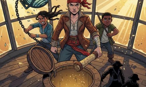 Maëlys, femme pirate au regard déterminé et mâchoire serrée, veste en cuir usée, foulard rouge et fine cicatrice sur la joue, protège un tube en cuir contenant une carte ancienne devant une dalle ouverte au sommet d’un vieux phare rond au sol en bois craquant; Jaya, adolescente énergique et moqueuse aux cheveux noirs en tresse, tire une lourde chaîne pour basculer une grande lentille fracturée à gauche, tandis que Kito, garçon d’environ 12 ans au visage rond et inquiet mais courageux, tient une barre de fer en retrait en regardant la porte en bas de l’escalier. Plusieurs silhouettes de pirates ennemis, manteaux trempés et menaçants, apparaissent en bas de l’escalier; grandes vitres sales, lentille suspendue fracturée, escalier en colimaçon, ambiance salée et poussiéreuse; lumière de rayons dorés filtrant la poussière, éclats de verre brillants, ombres dramatiques. Composition dynamique en légère contre-plongée avec Maëlys au centre, Jaya à gauche, Kito à droite et ennemis en bas à droite; palette pop art vive (rouge, turquoise, jaune moutarde, noir profond), contours épais, textures bois et métal marquées; atmosphère tendue mais héroïque, instant figé, expressions lisibles pour des enfants.