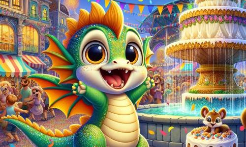 Un petit dragon nommé Flamme, avec des écailles vertes et des yeux curieux, danse joyeusement au centre d'une place animée, souriant. Il déploie ses ailes entouré de confettis colorés. À côté, son ami Grignote, un écureuil aux poils bruns, déguste un énorme gâteau à la crème, ravi. Ils se trouvent dans la place centrale du carnaval de Boubouland, pleine de créatures fantastiques, d'artistes de rue et de stands de friandises. Des feux d'artifice illuminent le ciel, créant une ambiance festive. Flamme et Grignote s'amusent ensemble, célébrant l'amitié et la joie du carnaval.