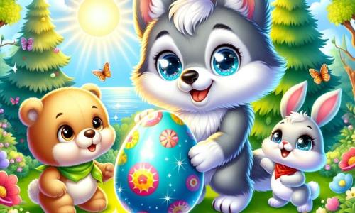 Petit Loup, un loup mignon au pelage gris et aux yeux curieux, se tient dans un jardin ensoleillé, émerveillé par un œuf brillant. À sa droite, Lapin, un petit lapin aux grandes oreilles et au pelage blanc, saute joyeusement avec un œuf rouge. À gauche, Ours, un ours en peluche doux, sourit en tenant un œuf bleu. Le jardin est coloré avec des fleurs, des papillons et des arbres, sous un ciel bleu clair. Un grand œuf brillant, décoré de motifs colorés, s'ouvre doucement, révélant un message joyeux. Petit Loup et ses amis découvrent l'œuf magique, remplis de joie dans une ambiance festive de Pâques.