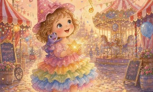 Une fillette de 2 ans, yeux brillants, cheveux bouclés châtain clair coupés au carré et joues rosées, porte une robe arc‑en-ciel à volants, un petit chapeau de fée rose et des bottes pailletées; elle sourit au ciel en tenant une petite étoile dorée dont s'échappent des étincelles magiques. Une minuscule grenouille violette perchée sur son épaule gauche, aux yeux malicieux et tenant une pochette brillante, lui montre des notes musicales dorées flottantes. Décor : rue de carnaval pavée avec tentes rayées rouges et blanches, guirlandes, ballons multicolores, un carrousel à chevaux en arrière-plan, confettis et lanternes; la fillette avance joyeusement vers les notes de rire dorées sous la lumière chaude du coucher de soleil.
