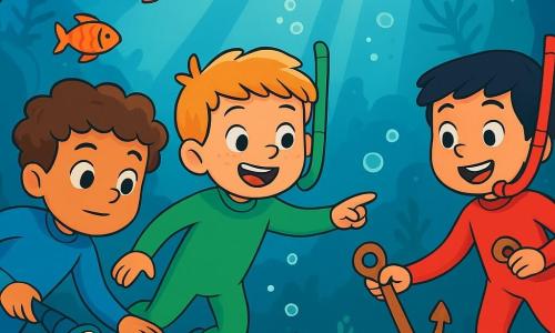 Trois garçons de 7 ans plongent dans une grotte sous-marine. Léo, aux cheveux bruns et bouclés, porte une combinaison bleue et observe la mer avec curiosité. Tom, blond avec des taches de rousseur, nage joyeusement à ses côtés en pointant une lueur sous l'eau. Jules, aux cheveux noirs et lisses, se tient en arrière avec une petite ancre en bois, souriant. La grotte est illuminée par des rayons de lumière, entourée d'algues et de poissons colorés. Ils cherchent une bouteille mystérieuse, émerveillés par la beauté de l'environnement marin.