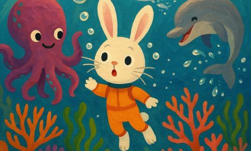 Un petit lapin blanc aux longues oreilles, yeux ronds et combinaison de plongée orange flotte émerveillé parmi les bulles, guidé par un banc de poissons argentés et accompagné à gauche d'une pieuvre pourpre à taches turquoise nommée Octavia, tandis qu'un dauphin gris clair fait des pirouettes à droite; le tout évolue au-dessus d'un récif corallien coloré (coraux orange et rose, anémones violettes, algues vert émeraude, coquillages sur sable doré) baigné de rayons lumineux et de particules scintillantes.