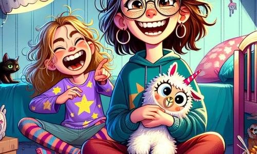 Une fille de 12 ans, Élise, avec de longs cheveux bruns en désordre et des lunettes rondes, est assise sur son lit, souriante. Elle tient une peluche en forme de lama, tandis que sa petite sœur Noémie, 8 ans, aux cheveux blonds bouclés, rit aux éclats. La chambre est décorée de posters de licornes et de dessins d'enfants, avec des jouets au sol et une lumière douce d'une lampe en forme de nuage. Un chat noir, Balthazar, les observe. Les sœurs sont en plein défi de rire, entourées de barres de céréales et de bonbons, prêtes à raconter des histoires drôles. Élise essaie de rester sérieuse, tandis que Noémie prépare une blague.