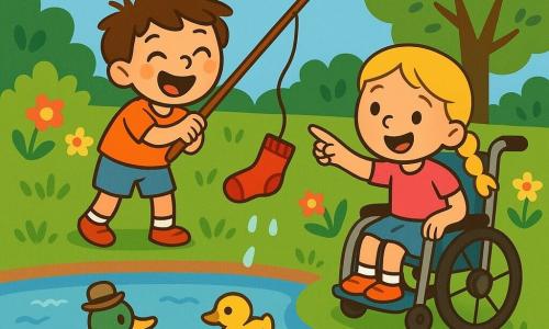 Frédéric, un garçon de 7 ans aux cheveux bruns en bataille, rit en tenant une branche pour attraper une chaussette rouge flottante, tandis que Léa, une fille de 6 ans avec des cheveux blonds tressés, sourit depuis son fauteuil roulant en pointant la chaussette dans l'étang. Ils se trouvent dans un jardin ensoleillé, rempli de fleurs et d'arbres, avec un étang scintillant où nagent des canards. Frédéric et Léa partagent une aventure joyeuse, observés par un canard farceur avec un chapeau.