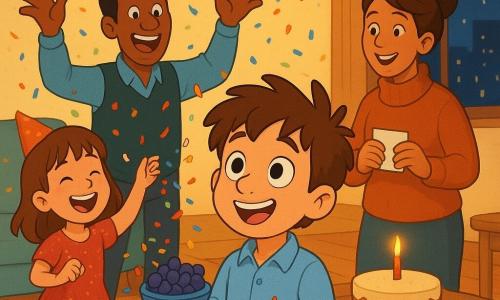 Quatre personnages dans un salon familial chaleureux : Tom, garçon de 6–7 ans aux cheveux bruns en bataille, chemise froissée et moustache de crème, tient un bol de raisins et des confettis, visage émerveillé ; Lina, fille de 6–7 ans aux cheveux châtain et frange, robe rouge à paillettes, lance des confettis en riant ; la maman (30–35 ans) cheveux attachés, pull cannelle, souriante, tenant une petite enveloppe ; le papa (30–40 ans) cheveux courts, gilet sombre, bras levés, posture protectrice et joyeuse. Le salon a un papier peint crème, tapis coloré, guirlande étoilée au-dessus d’une table basse avec un gâteau, assiettes, bol de raisins et enveloppes, lumière dorée et fenêtres sur des lumières de nuit. Scène de minuit festive : confettis en suspension, raisins et petits papiers partout, la famille crie 