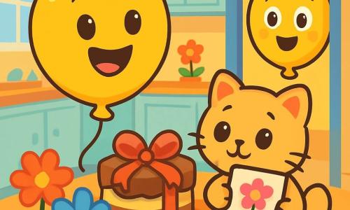 Un petit ballon jaune, nommé Coco, flotte joyeusement avec un grand sourire, entouré de fleurs en papier colorées et d'un gâteau décoré d'un ruban rouge, prêt pour la fête des mères. À côté de lui, un petit chat en peluche nommé Bouboule, avec un pelage doux, admire Coco tout en tenant une carte dessinée à la main. La scène se déroule dans une cuisine chaleureuse et lumineuse, avec des murs pastel et une table colorée. Coco et Bouboule préparent une surprise pour maman ballon, qui entre dans la pièce, émerveillée par la fête surprise.