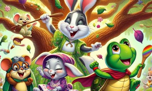Roger, un lapin blanc aux grandes oreilles, rit aux éclats avec une chaussure sur la tête, tandis que Lila, une petite souris grise, présente son robot cuisinier avec des gestes exagérés. Max, une tortue verte en cape, court lentement, et Zoé, une grenouille, chante joyeusement entourée de feuilles. Ils se trouvent sous un vieux chêne majestueux, créant une atmosphère magique. Les amis montrent leurs créations hilarantes dans une ambiance de rires et de bonne humeur, illustrant leur esprit d’amitié et de créativité.
