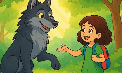 Un loup-garou majestueux, avec une fourrure noire et argentée, se tient au centre d'une clairière. Ses yeux jaunes brillent d'une lueur amicale, et il affiche une expression joyeuse. À ses côtés, Zoé, une jeune fille de 10 ans aux cheveux bruns et bouclés, porte une robe verte et un sac à dos coloré. Elle sourit, tendant la main vers le loup-garou, prête à établir une amitié. La clairière est entourée d'arbres majestueux et de fleurs colorées, baignée d'une douce lumière dorée. Cette rencontre symbolise le début d'une belle amitié dans un cadre enchanteur.