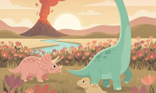 Lino, un grand diplodocus vert menthe au long cou, paisible et curieux, avance une patte dans un vaste champ de fleurs roses, mauves et orangées en regardant l'horizon; près de ses pattes, Pico, un petit protocératops beige et timide, observe à son tour la fumée lointaine, tandis que Trixie, une tricératops rose pâle et robuste, broute tranquillement à gauche; au fond, une rivière scintille entre des collines douces et un volcan sombre crache une fumée rouge orangée, créant un contraste chaud-froid au coucher du soleil.