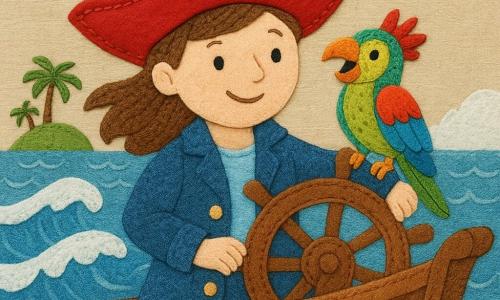 Capitaine Lou, une femme pirate courageuse, se tient à la barre d'un bateau, son grand chapeau rouge flottant au vent, avec un sourire déterminé sur le visage. Coco le perroquet, aux plumes colorées et vives, est perché sur son épaule, criant joyeusement. Le bateau navigue sur une mer agitée, avec des vagues hautes et blanches, sous un ciel partiellement nuageux. En arrière-plan, une île verte avec des palmiers se dessine à l'horizon, promettant une aventure excitante.