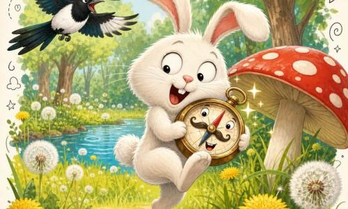 Zigzag, un petit lapin blanc aux yeux ronds et malicieux et aux grandes oreilles légèrement dépareillées, tient une boussole ronde et brillante contre sa poitrine en sautillant sur une patte; la boussole, à l'aiguille fine et tremblante et à la petite bouche souriante, est partiellement sous un grand champignon rouge à pois blancs, tandis qu'une pie noire et blanche vole en arrière-plan en criant «Marché du Gland Doré!» au-dessus d'un sentier; derrière eux, la Clairière des Pissenlits présente herbe haute jaune-vert, boules de pissenlit, un petit lac bleu et des arbres, le tout dans une scène colorée, lumineuse, légèrement excentrique et pleine de malice, avec des petites flèches, étoiles et notes de musique autour pour souligner l'aventure.