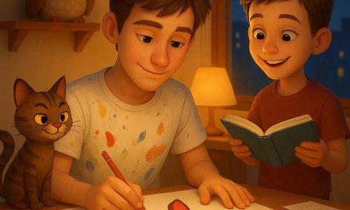 Malo, ~20 ans, est assis à une table en bois, concentré et souriant, t-shirt taché de peinture, tenant un crayon rouge pour achever un grand dessin d'un renard joyeux ; Léo, ~19 ans, debout à droite, lit à voix basse un livre en regardant le dessin ; un petit chat brun rayé, espiègle, est posé sur le rebord à gauche, et une peluche hibou sage est sur une étagère derrière. L'atelier compact au parquet présente une lampe ronde à lumière chaude, pots de peinture alignés, croquis éparpillés et une grande fenêtre sur un ciel crépusculaire bleu-indigo ; ambiance intime et créative, couleurs saturées (rouge, bleu nuit, jaune chaud) et textures de papier, bois et peinture mises en valeur par une lumière douce.