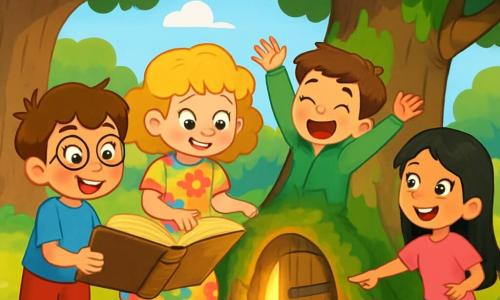Quatre enfants se tiennent dans un parc ensoleillé de Lumièreville. Max, 10 ans, porte des lunettes rondes et un t-shirt bleu. Emma, 9 ans, a des cheveux bouclés et une robe à fleurs. Léo, 10 ans, est en sweat à capuche vert et saute de joie. Mia, 9 ans, avec des cheveux longs, porte un t-shirt rose et pointe vers un vieux tronc d'arbre avec une porte en bois entrouverte. Ils sont émerveillés et prêts à explorer le monde magique derrière la porte.