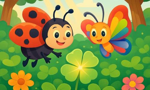Une petite coccinelle nommée Lila, avec une carapace rouge parsemée de taches noires, vole joyeusement au-dessus d'un champ de trèfles verts. Ses yeux pétillants et son sourire montrent son excitation. À ses côtés, un papillon coloré nommé Max bat des ailes avec entrain, prêt à l'accompagner dans son aventure. Le champ ensoleillé est rempli de trèfles verts, de fleurs colorées et de petites créatures joyeuses. Lila et Max se tiennent près d'un trèfle magique émettant une douce lueur, prêts à faire un vœu ensemble, entourés par la beauté de la nature.