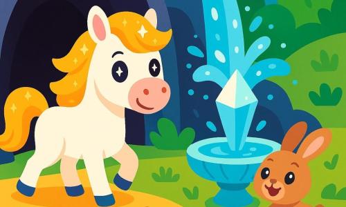 Un magnifique cheval blanc nommé Lumière, avec une crinière scintillante et des yeux brillants, se tient au bord d'une grotte mystérieuse, prêt à explorer. À ses côtés, un petit lapin nommé Lapinou saute avec enthousiasme. La grotte est entourée d'une cascade étincelante et de fleurs colorées. Lumière et Lapinou se tiennent devant une fontaine de cristal, où l'eau magique jaillit, illuminant la scène. Ils sont en pleine aventure, prêts à réveiller la rivière magique pour que la forêt puisse chanter à nouveau.