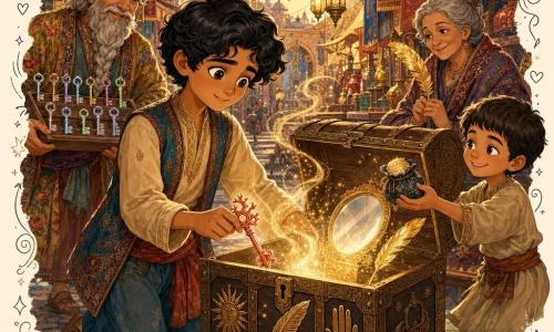 Amir, visage doux, peau mate, cheveux noirs ondulés, yeux grands et curieux, sourire timide mais déterminé, tient une clé de corail brillante et, posture confiante, insère la clé dans la troisième serrure d’un grand coffre ancien orné de symboles (soleil, plume, main) ; un vieil homme marchand d’environ 70 ans, barbe grise tressée et habits colorés, tient une étagère de petites clés en arrière-plan à gauche et regarde Amir avec bienveillance ; un garçon d’environ 8 ans, cheveux courts et robe simple, tient un petit sac de poudre scintillante à droite en souriant malicieusement et l’offrant à Amir ; une vieille femme d’environ 65 ans, cheveux gris en chignon et châle brodé, est assise derrière le garçon, tenant une plume dorée et souriant comme si elle venait d’offrir la clé ; le marché, inspiré des Mille et Une Nuits, présente ruelles pavées en mosaïque, lampes en laiton suspendues, tentures rouges et bleues, étals en bois sculpté et tuiles turquoise avec motifs dorés, baignés d’une lumière crépusculaire dorée ; les trois serrures s’illuminent progressivement, une lumière chaude et parfumée s’échappe du coffre révélant un miroir poli et une plume d’or, créant une ambiance magique aux tons ocres, or et turquoise, avec textures détaillées et contrastes doux exprimant l’émerveillement.