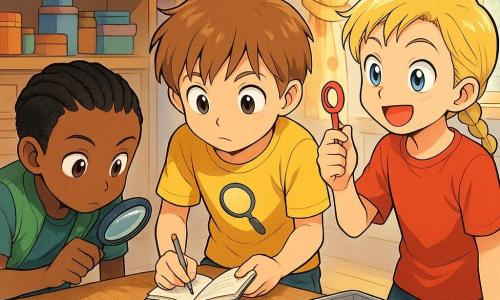 Trois garçons d'environ 7 ans : l'un châtain clair, coupe courte, t-shirt jaune avec une loupe, carnet et crayon, penché vers la table ; le deuxième peau mate, cheveux noirs en tresses courtes, gilet vert, tient une loupe en plastique et scrute le sol à gauche de la table, genoux semi-fléchis ; le troisième blond avec une fine tresse sur le côté, t-shirt rouge, montre une petite clé rouge trouvée dans une boîte métallique à droite de la table. L'atelier coloré d'un incubateur jeunesse comporte une grande table en bois clair couverte de miettes, carnets et d'une boîte à biscuits argentée, des étagères et une petite armoire « Recettes » en arrière-plan, lumière chaude d'une fenêtre à rideau à motifs de pommes. Les trois petits enquêteurs, concentrés et analytiques, examinent la boîte vide d'où dépasse une note froissée; des miettes de gâteau aux pommes brillent sur le bois et la clé avec ruban rouge est tenue en l'air, créant une ambiance de découverte chaleureuse.