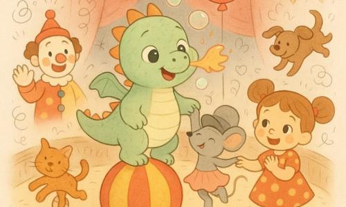 Un petit dragon vert pastel, rond et souriant, équilibre sur une grosse balle rayée rouge et jaune en soufflant des petites bulles de feu irisées autour de sa tête ; une souris grise au chapeau trop grand et à la jupe rose tourbillonne en dansant en lui tenant la patte, un clown ami au maquillage simple et costume coloré agite la main depuis la gauche, une fillette aux couettes et robe à pois applaudit en tenant un ballon rouge attaché au dragon, un chat orange fait une roue et un chien brun saute en arrière-plan, le tout sous un chapiteau chaleureux avec piste en bois verni, sciure beige, rideaux de velours rouges et guirlandes de lampes jaunes pour une scène festive, lumineuse et sécurisée.