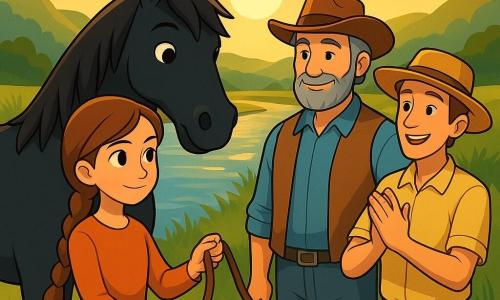 Sarah, une jeune fille avec une longue natte brune et des yeux déterminés, tient la longe d'un mustang noir, son expression calme et rassurante. À ses côtés, Ben, un homme d'une cinquantaine d'années avec une barbe grise et un chapeau de cow-boy, sourit bienveillant. Un peu en retrait, Tom, un jeune homme d'une trentaine d'années, porte un chapeau de paille et applaudit doucement. La scène se déroule près d'une rivière scintillante sous le soleil, entourée de hautes herbes vertes et de collines lointaines. Le mustang, Ombre, se tient près de Sarah, ses yeux montrant une confiance naissante, tandis que le soleil couchant illumine le paysage.