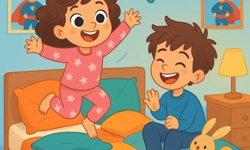 Une petite fille de 4 ans, Lucie, aux grands yeux pétillants et cheveux bouclés, saute joyeusement sur un lit rempli de coussins colorés. Elle porte un pyjama rose à étoiles et affiche un grand sourire. À ses côtés, son frère Hugo, 7 ans, aux cheveux bruns en bataille, rit en essayant de se protéger d'un coussin volant. La scène se déroule dans une chambre d’enfant chaleureuse avec des murs bleu clair et des jouets éparpillés. Lucie et Hugo s’amusent à construire une cabane de coussins, riant pendant une bataille de coussins.