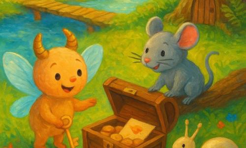 Lumi, petit être velouté aux ailes translucides et cornes en croissant, tient joyeusement une petite clé dorée, Mina, souris grise perchée sur une branche tombée près d’un pont de planches, sourit au coffre en bois posé au bord d’une rivière, et Tom, escargot à la coquille nacrée, indique d’un regard la lettre parfumée trouvée dans le coffre ouvert contenant des pièces en bois doré ; le lieu est une clairière riveraine aux eaux miroitantes, vieux chêne avec porte miniature, mousse et fleurs colorées, éclairée de rayons dorés, créant une ambiance douce, sécurisante et scintillante.