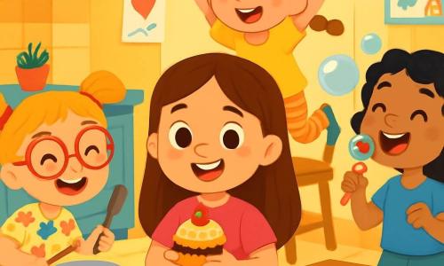 Quatre enfants se trouvent dans la cuisine colorée de Lila, qui a 7 ans, des cheveux bruns, un t-shirt rose et un short en jean. Elle est au centre, souriante, tenant un mini-gâteau rigolo. À gauche, Zoé, 6 ans, avec des cheveux blonds en couettes et des lunettes rondes, porte une robe à fleurs et tape sur une casserole. À droite, Mia, 7 ans, avec des cheveux noirs bouclés, porte un t-shirt bleu et un pantalon vert, fait des bulles de savon. Derrière, Jade, 6 ans, avec des cheveux châtains et une tresse, porte un t-shirt jaune et danse sur une chaise. Elles préparent une surprise joyeuse pour la fête des pères, chantant et dansant dans une ambiance festive.