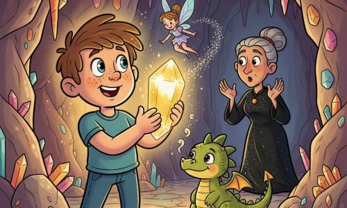 Lucas, garçon de 10 ans au visage rond et taches de rousseur, cheveux châtains ébouriffés et yeux bleu clair, tient fièrement un cristal lumineux; à ses côtés, Drago, petit dragon aux écailles vertes et dorées, veille sur une pierre pendant qu'une sorcière en retrait, robe noire et cheveux gris en chignon, paraît surprise et attendrie, et la minuscule fée Lila, aux ailes iridescentes, plane au-dessus du cristal en laissant une traînée de poussière d'étoiles; le tout se déroule dans une grotte enchantée aux cristaux multicolores et sol lumineux, ambiance triomphale, chaleureuse et magique, palette vive (or, vert émeraude, rose pâle, bleu ciel) et style cartoon rétro aux contours noirs épais.