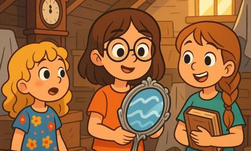 Trois amies de 10 ans se trouvent dans un grenier mystérieux. Emma, avec des cheveux bruns et des lunettes rondes, examine un miroir en argent. À sa gauche, Léa, aux cheveux blonds et bouclés, admire une vieille horloge à pendule. À droite, Zoé, avec des cheveux châtains et une tresse, sourit en tenant un livre ancien. Le grenier est rempli de vieilles malles et de meubles couverts de draps blancs, la lumière du soleil créant une ambiance magique. Elles viennent de découvrir un miroir magique ondulant, prêtes à plonger dans une nouvelle aventure fascinante.
