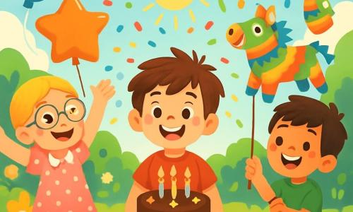 Quatre enfants célèbrent un anniversaire : Léo, 7 ans, cheveux bruns en bataille et t-shirt rouge avec un dinosaure, est au centre, souriant et prêt à souffler ses bougies. Clara, 7 ans, cheveux blonds tressés et robe rose à pois, se tient à gauche de Léo, levant les bras avec enthousiasme. Tom, 7 ans, cheveux noirs et t-shirt vert, est à droite de Léo, tenant une pinata en forme de dragon. Mia, 7 ans, cheveux châtains bouclés et t-shirt violet, est derrière Léo, lançant des confettis. Le jardin ensoleillé est décoré de fleurs et de ballons, avec une grande table en guimauve et un énorme gâteau au chocolat. L'ambiance est festive, avec Léo entouré de ses amis, riant et lançant des confettis.