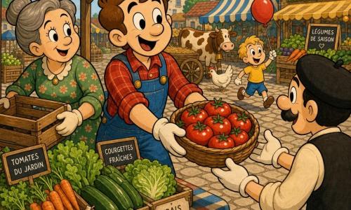 Lucas, homme souriant à la peau claire et cheveux châtains courts, en salopette en jean et chemise à carreaux rouges, tend un panier de tomates brillantes vers un client ; à sa gauche Jeanne, femme d'environ 45 ans aux cheveux gris en chignon et robe à fleurs verte, tient une caisse en souriant ; un garçon de 7 ans en t-shirt jaune court en arrière-plan avec un petit ballon rouge en riant ; une vache brune tachetée et une poule blanche picorent près d'une vieille charrette ; le marché en plein air sur une place pavée montre des étals colorés, caisses et paniers en osier, bannières et tapis rayés, sous un doux soleil matinal et des arbres au loin ; ambiance chaleureuse, légumes bien rangés, textures nettes et couleurs saturées dans un style cartoon rétro.