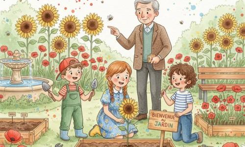 Clara, 10 ans, souriante, cheveux châtain clair en deux tresses, agenouillée pour planter un petit tournesol; Lucas, ~10 ans, enthousiast, casquette rouge et salopette verte, tient une pelle et la regarde; Emma, ~9 ans, concentrée, cheveux bouclés courts, peint une pancarte « Bienvenue au jardin » près d’un bac de fleurs; Monsieur Dupont, ~70 ans, bienveillant, cheveux gris et veste en tweed, debout derrière eux, leur montre une abeille sur une fleur; lieu : parc de village avec bacs en bois remplis de terre, rangées de tournesols, coquelicots et marguerites, une petite fontaine et des bancs, guirlandes pastel; ambiance : atelier de jardinage pendant le festival du printemps, abeilles butinant, outils et éclaboussures de terre et d’aquarelle traduisant joie et énergie.