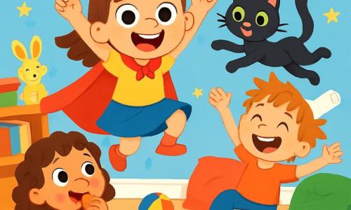 Super Zoé, une petite fille de 6 ans, porte une cape rouge et un t-shirt jaune. Elle a de grands yeux pétillants et un large sourire, sautant joyeusement. Son chat noir, Moustache, fait des pirouettes. Monsieur Chaussette, un garçon de 7 ans avec des cheveux en bataille et une chaussette sur la tête, saute en riant. Madame Biscotte, une fillette de 6 ans avec des boucles brunes, grignote un biscuit en souriant. La scène se déroule dans une chambre colorée, remplie de jouets et de coussins, avec des murs bleu clair et des étoiles dorées au plafond. Super Zoé et Moustache s'amusent à sauter, tandis que Monsieur Chaussette et Madame Biscotte rigolent, créant une ambiance joyeuse.