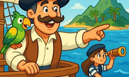 Le Capitaine Hugo, souriant et moustachu, se tient sur le pont de son vaisseau, le "Vent des Mers". Il porte un chapeau noir avec une plume rouge et une chemise blanche avec un gilet en cuir. Ses yeux brillent d'excitation en scrutant l'horizon pour une nouvelle aventure. À ses côtés, Grignote, un perroquet coloré, gazouille des encouragements. Plus loin, Camille, une jeune fille de 12 ans en tenue de marin, observe la mer avec un télescope. L'océan scintille sous le soleil, avec des vagues douces et un ciel bleu parsemé de nuages. En arrière-plan, une île mystérieuse avec des palmiers et des montagnes verdoyantes promet des trésors. Hugo, enthousiaste, pointe vers l'île tandis que l'équipage prépare le navire pour l'aventure.