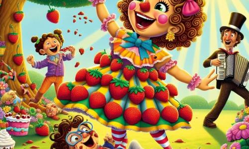 Super-Clafoutis, une femme souriante avec des cheveux bouclés couleur caramel et une cape à motifs de fraises, rit les bras ouverts, entourée de cerises volantes. À côté, Gustave le Gaffeur, un garçon d'environ 10 ans avec des lunettes trop grandes, se relève après avoir trébuché, surpris et avec des miettes de gâteau sur les joues. En arrière-plan, Polka-Man, un homme d'une trentaine d'années avec un chapeau haut de forme, joue de l'accordéon, tandis que Flexible-Fille, une jeune fille de 12 ans, se contorsionne en riant. La scène se déroule dans un parc ensoleillé, avec des fleurs colorées et des enfants autour d'une table de pique-nique. Super-Clafoutis et ses amis célèbrent leur victoire dans une ambiance joyeuse et festive.