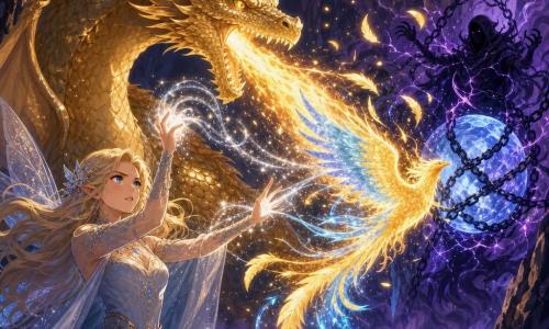 Lysandra, jeune fée vingtenaire au visage déterminé, lève les mains en projetant une pluie de poussière d'étoiles argentée ; derrière elle, Ignis, un énorme dragon aux écailles dorées, en posture protectrice crache un flot de feu qui devient des plumes incandescentes ; au fond, le Spectre des Ombres, silhouette sans visage aux bras de fumée noire et volutes violettes, garde une grosse pierre de lune bleutée entourée de chaînes d'ombre ; la scène, dans une grotte-cathédrale de basalte avec mousse luminescente et brume violette, montre la fusion des magies : le feu d'Ignis sculpté par les filaments de Lysandra forme un phénix bleu et or qui frappe le Spectre, éclats lumineux et forts contrastes chaud/froid, style illustration vectorielle nette aux couleurs vives, textures simplifiées et composition diagonale adaptée à un livre jeunesse.