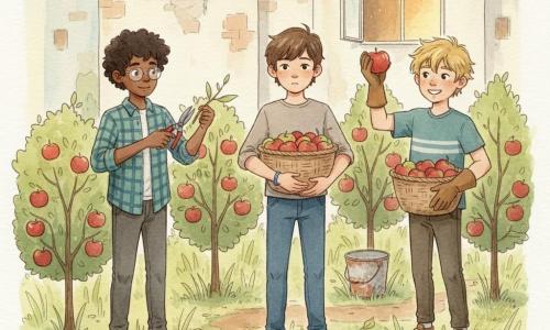 Trois garçons d’environ 12 ans s’activent dans un petit verger derrière un immeuble : Noé, cheveux bruns courts, bracelet bleu, tient au centre un panier en osier rempli de pommes devant un petit pommier ; Sami, cheveux noirs bouclés et lunettes fines, est à gauche et coupe une petite branche cassée au sécateur ; Théo, cheveux blonds en bataille et sourire large, porte des gants de jardin et montre à droite une grosse pomme rouge au-dessus d’un panier. L’endroit présente trois pommiers compacts, herbes hautes et allée de terre battue, un fond d’immeuble pâle avec une fenêtre ouverte, quelques feuilles tombées et un seau en métal au sol ; les gestes sont calmes et concentrés, l’ambiance chaleureuse et collaborative, rendue comme une aquarelle aux lumières dorées de fin d’après‑midi et textures de papier visibles.