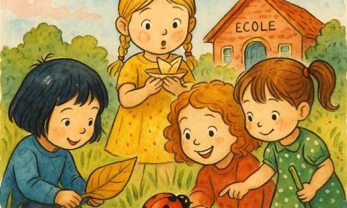 Quatre filles (~5 ans) et une coccinelle : Lisa, châtain en deux couettes, robe verte à pois blancs, penchée avec un petit balai ; Inès, cheveux noirs courts, pull bleu, accroupie à gauche, tend une grande feuille ; Zoé, blonde en tresses, robe jaune, au centre, souffle sur une feuille en forme de bateau ; Maëlle, rousse bouclée, pull rouge, sourit et tend un doigt où la coccinelle va se poser. Une petite coccinelle rouge à points noirs, d’abord sur le dos puis redressée sur la feuille, prête à s’envoler. Décor : butte d’herbe verte derrière une petite école, pâquerettes, quelques pierres et buissons, doux soleil du matin, ciel bleu pâle avec quelques nuages roses dessinés à l’encre. Scène centrée sur la coccinelle et les mains des enfants, ambiance printanière lumineuse et chaleureuse.