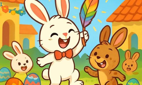 Au centre de la scène, Biscotte, un petit lapin aux grandes oreilles et au pelage blanc, rit joyeusement avec un nœud rouge autour du cou et une plume arc-en-ciel dans les pattes. À ses côtés, son cousin Filou, un lapin espiègle au pelage brun tacheté, sourit en sautillant. Le décor est une place de village animée avec des guirlandes de fleurs et des lanternes scintillantes, et des œufs colorés sont dispersés autour. Biscotte se tient sur un podium, levant la plume magique, tandis que des rires résonnent, créant une atmosphère festive.