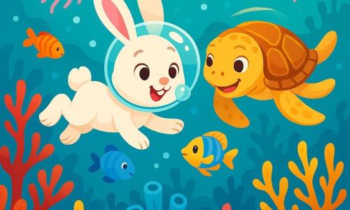 Un jeune lapin nommé Léo, avec une fourrure blanche et de grandes oreilles, nage joyeusement dans une mer turquoise, ses yeux brillants de curiosité. Il porte une bulle magique sur la tête. À ses côtés, une tortue de mer, Tilda, avec une carapace dorée, l'encourage. Le décor est une forêt sous-marine vibrante avec des coraux colorés et des poissons multicolores. Des méduses lumineuses flottent, illuminant la scène. Léo et Tilda explorent un labyrinthe de coraux, découvrant des merveilles sous-marines, tandis qu'un poisson-papillon les observe.