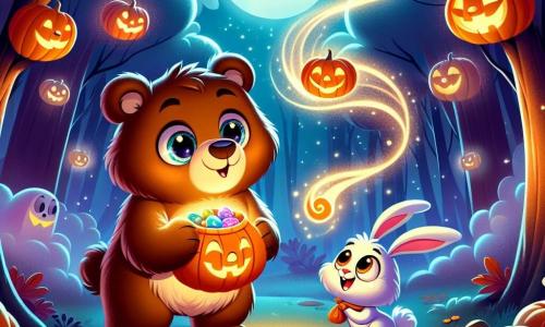 Un ours brun nommé Martin, curieux et au pelage soyeux, se trouve dans une clairière illuminée par la lune. Il observe avec émerveillement des ombres mystérieuses qui dansent autour de lui. À sa droite, un petit lapin au pelage blanc, joyeux et tenant un sac de bonbons colorés, partage ce moment avec lui. La clairière est entourée d'arbres aux feuilles dorées et rouges, et des citrouilles sculptées projettent des ombres dansantes. La scène évoque la magie d'Halloween dans une ambiance festive et chaleureuse.